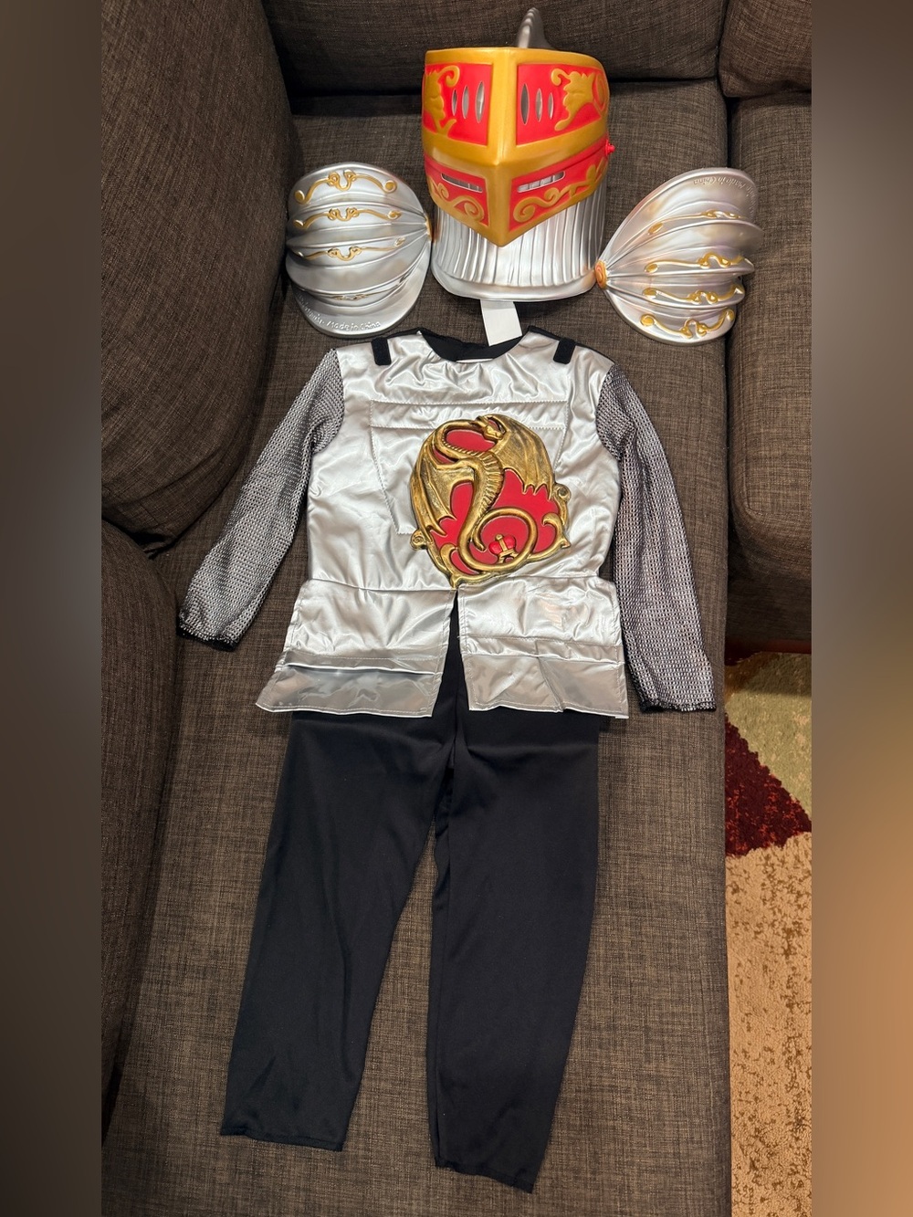 Knight of the Dragon - Silver and Black Knight Costume with Gold and Red Emblem